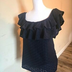 Tommy Hilfiger Women's Black off shoulder Ruffle Eyelet Top
